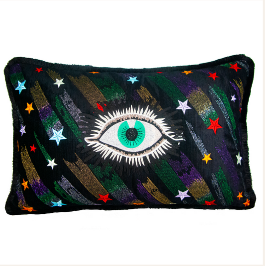 EYE AND STARS EMBROIDERED VELVET PILLOW