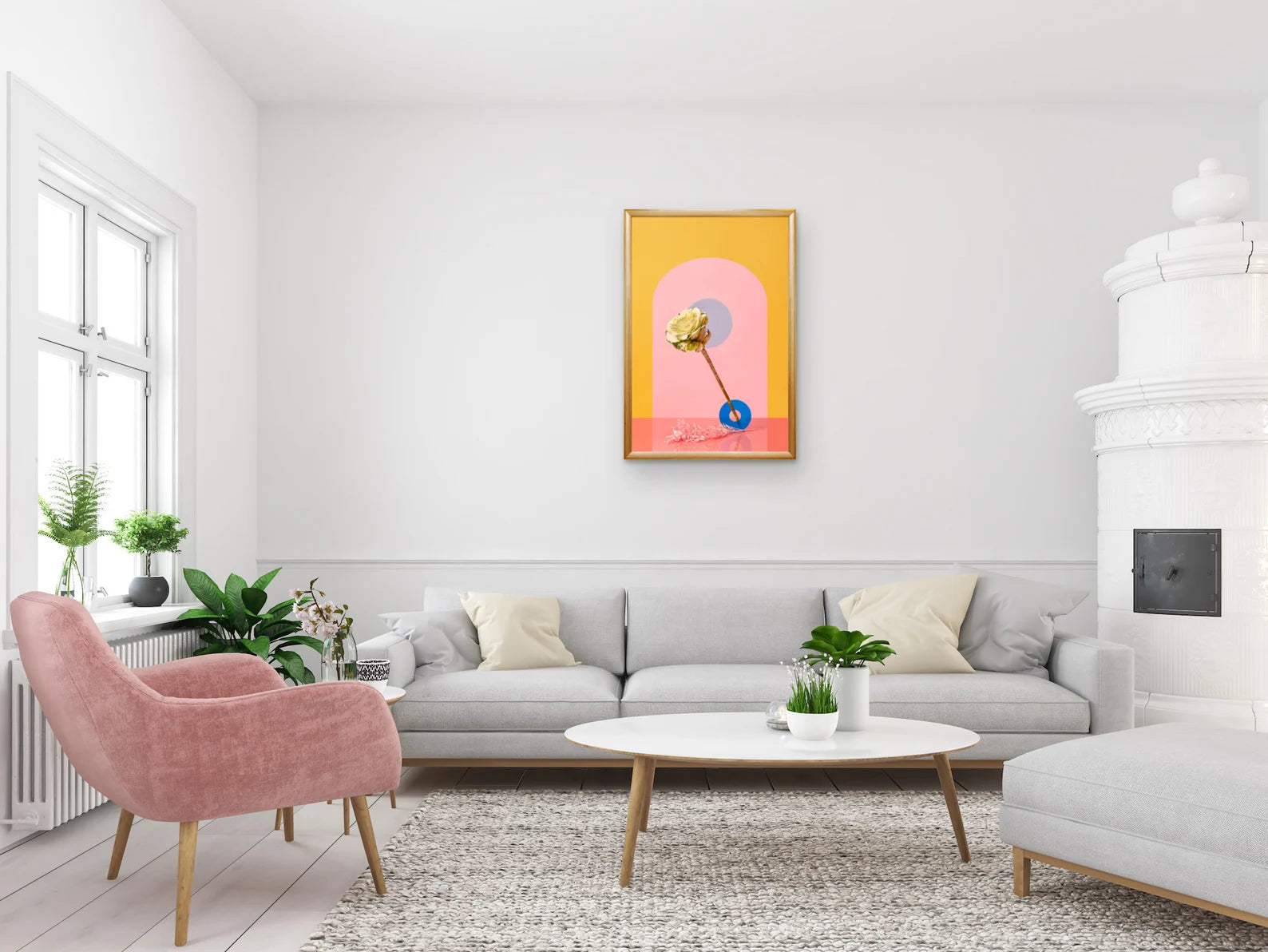Modern living room with gray sofa, pink armchair, and colorful wall art.