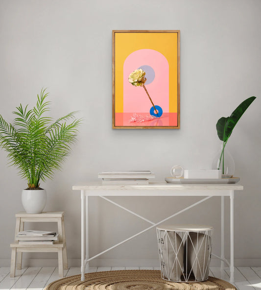 Modern interior with a desk, plants, and abstract art on the wall.
