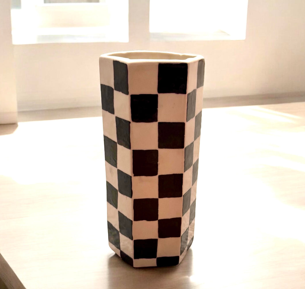 Black & White Checkered Hexagon Vase / By Adriana K. Art